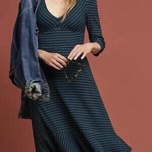 Anthropologie Maeve green and navy striped midi dress